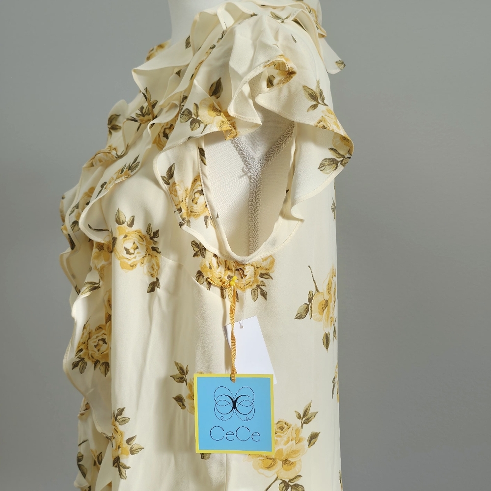 CeCe | Pastel Yellow Floral Print Ruffled Flutter Sleeve Blouse - Picture 6 of 7